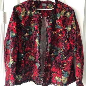 Additions by Chico’s Size 3 Cotton Cropped Jacket Red Multicolor Abstract Print
